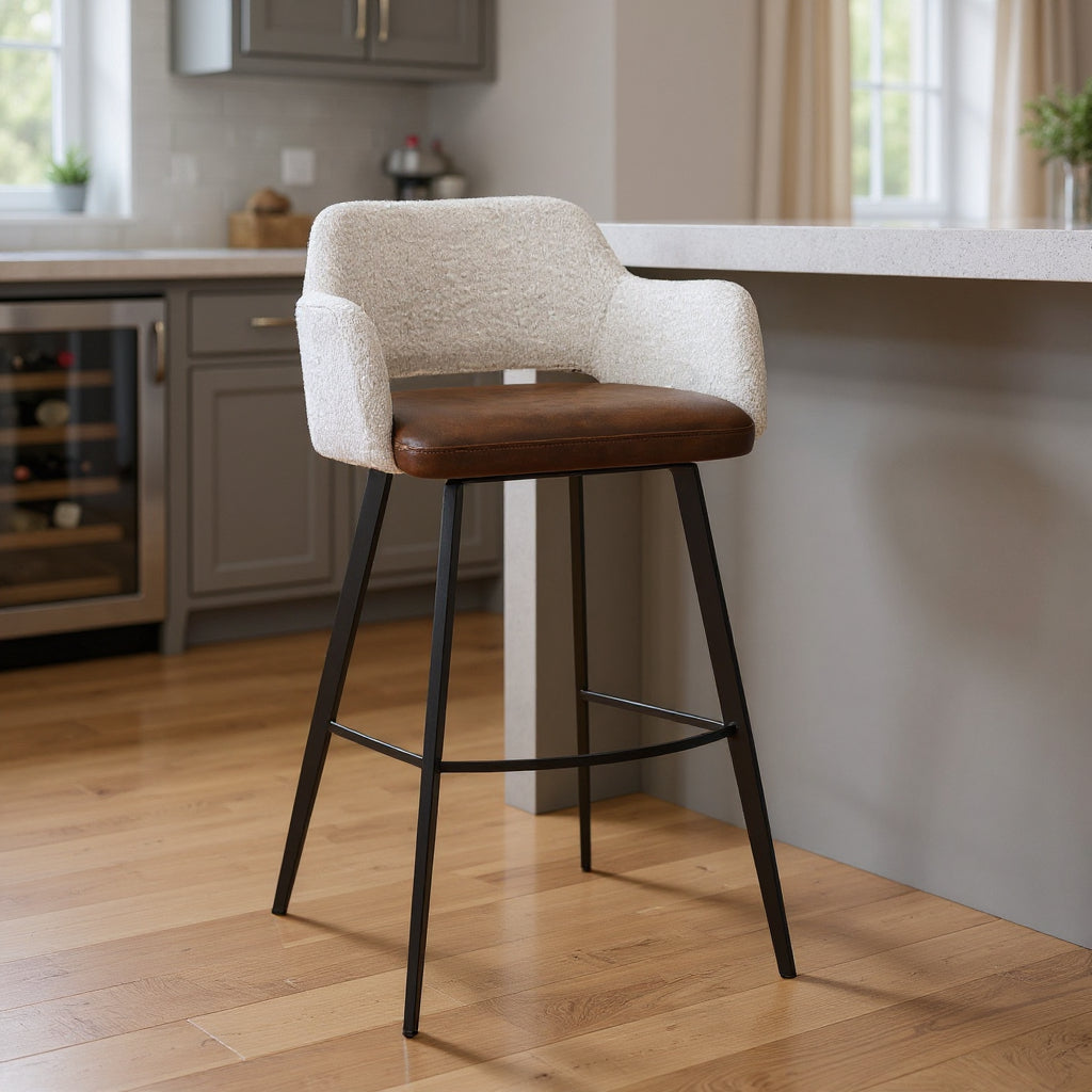 30" Ivory Brown And Black Boucle Faux Leather And Steel Bar Height Swivel Bar Chair-0