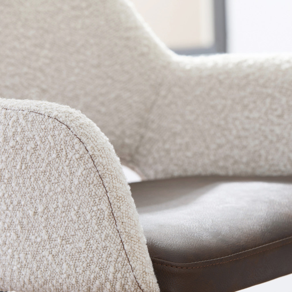 30" Ivory Brown And Black Boucle Faux Leather And Steel Bar Height Swivel Bar Chair-8