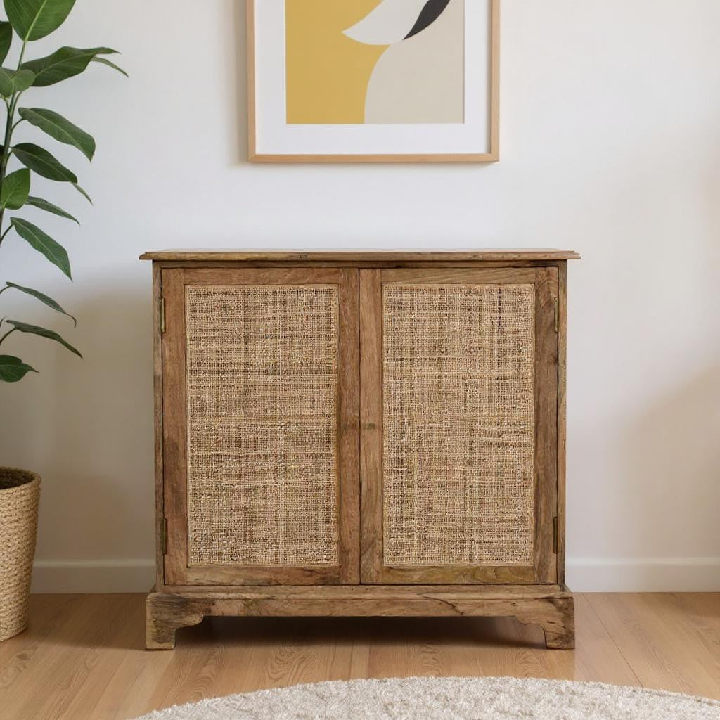 34" Brown Solid Wood Textured Door Accent Cabinet With Two Doors-0