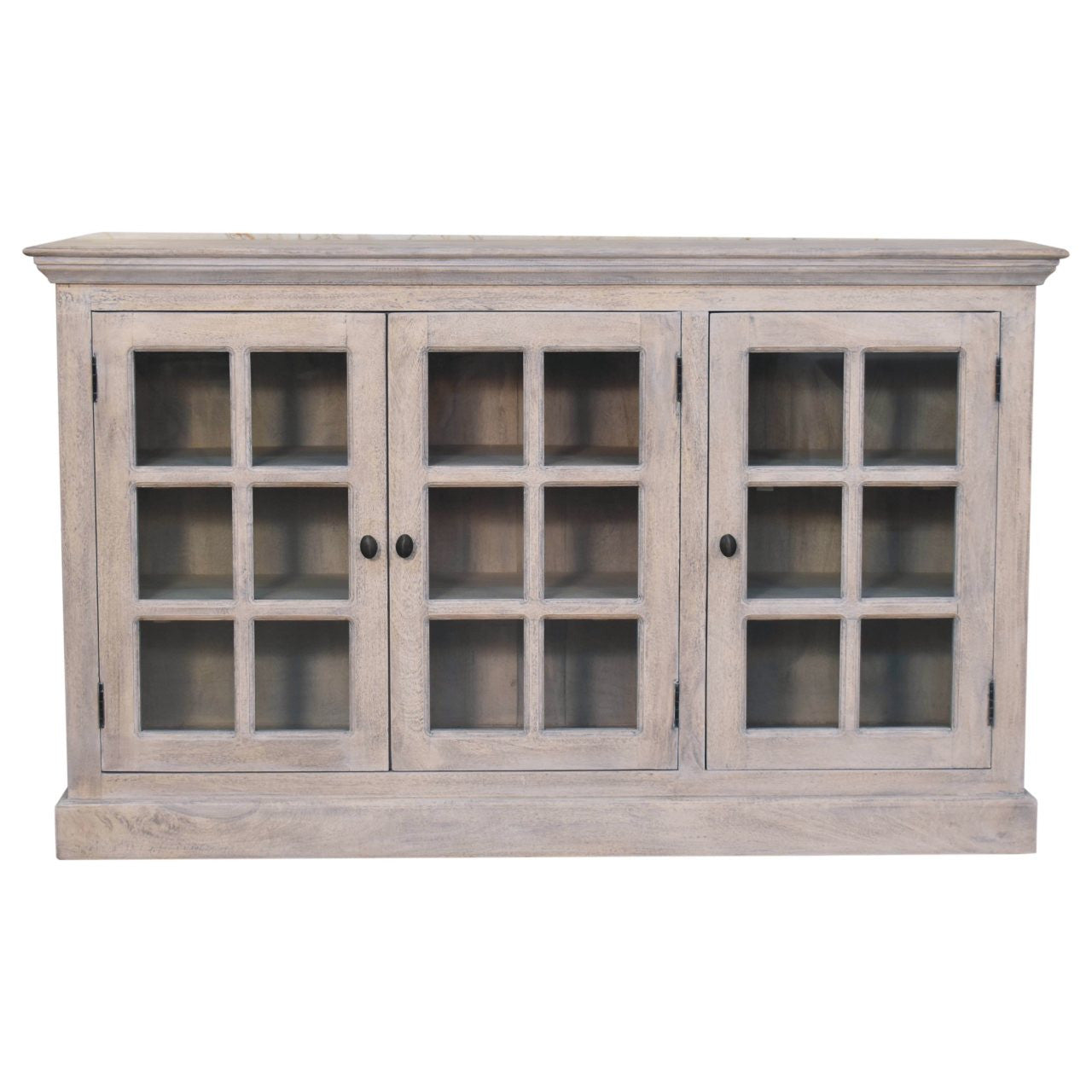 35" Light Gray and Clear Distressed Solid Wood Accent Cabinet With Three Doors-3