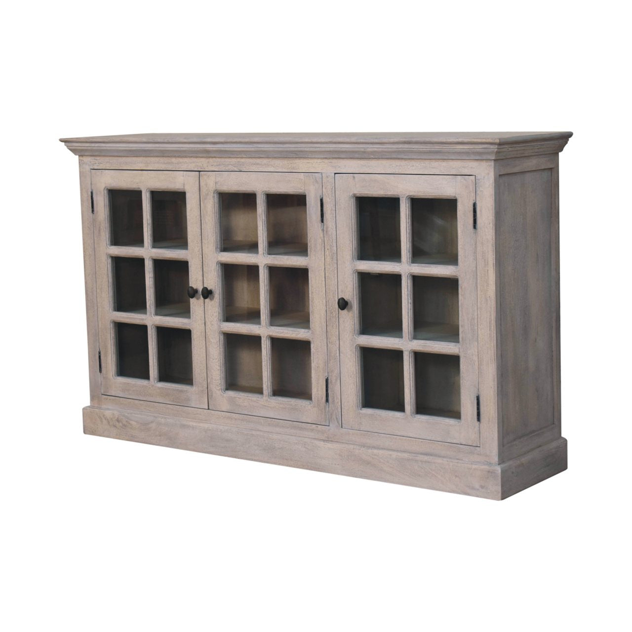 35" Light Gray and Clear Distressed Solid Wood Accent Cabinet With Three Doors-2