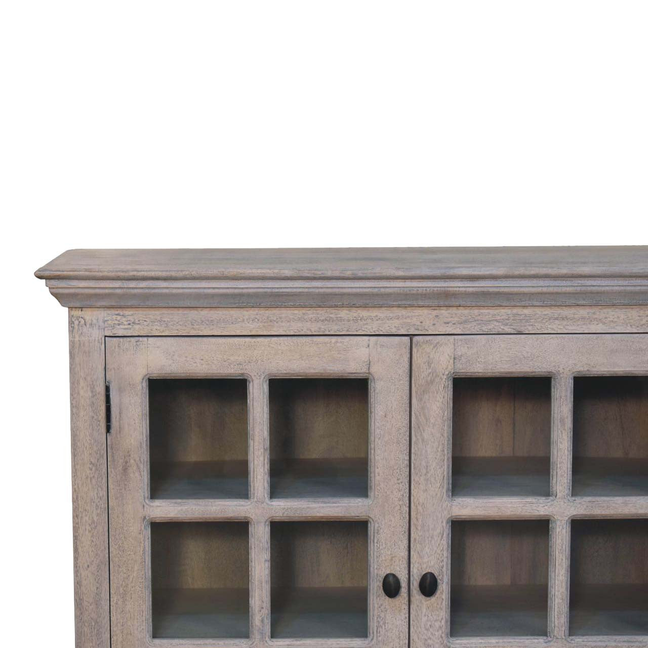 35" Light Gray and Clear Distressed Solid Wood Accent Cabinet With Three Doors-7