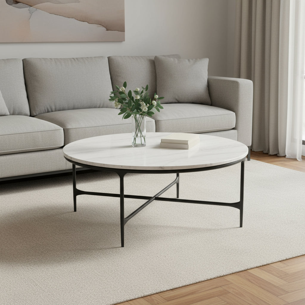 55" White and Black Genuine Marble and Iron Round Cross Legs Coffee Table-0