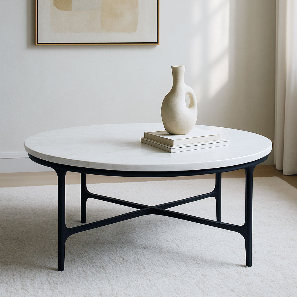 55" White and Black Genuine Marble and Iron Round Cross Legs Coffee Table-6