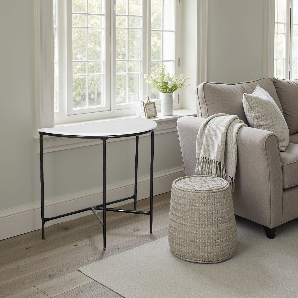 36" White and Black Genuine Marble and Iron Half Moon Console Table-7