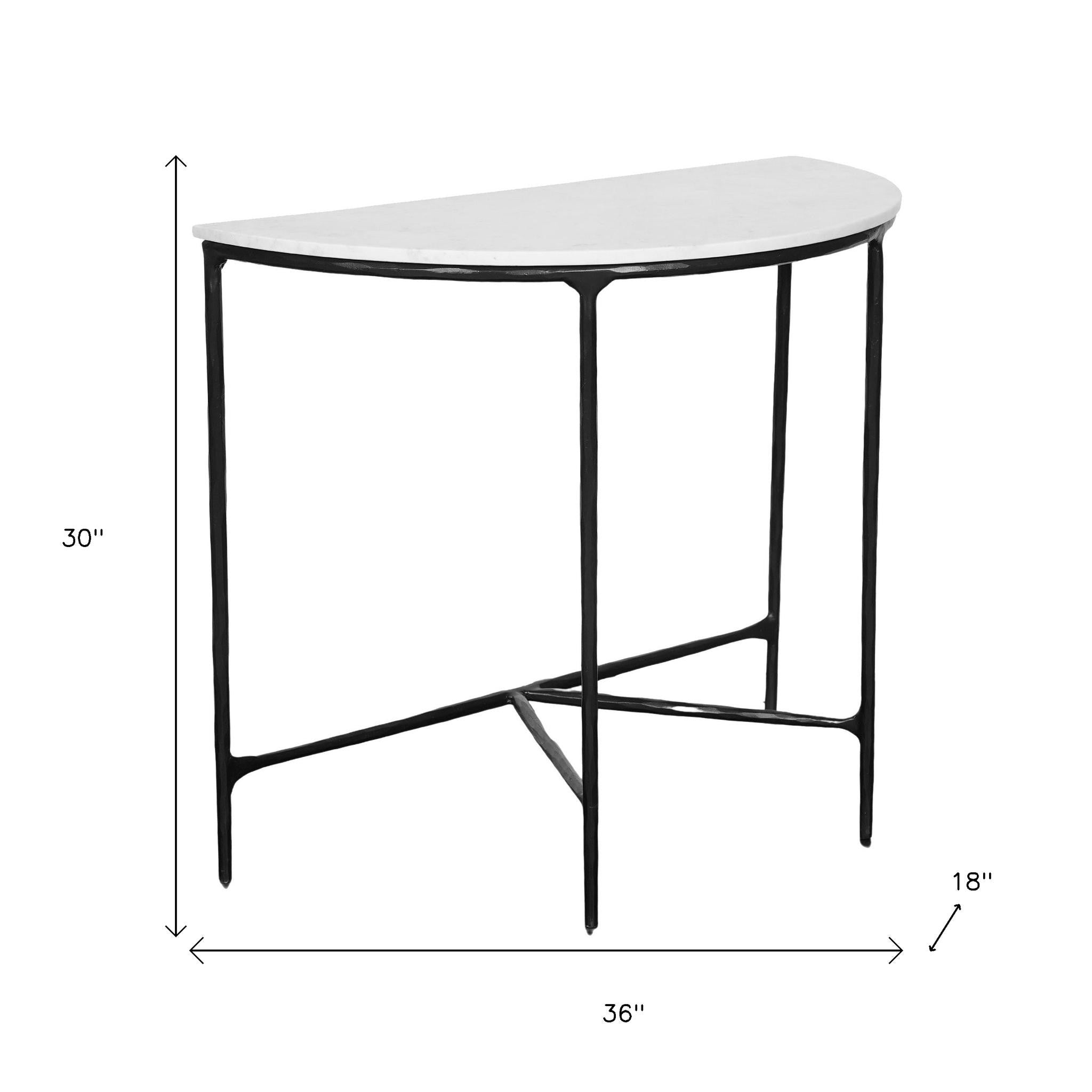 36" White and Black Genuine Marble and Iron Half Moon Console Table-8