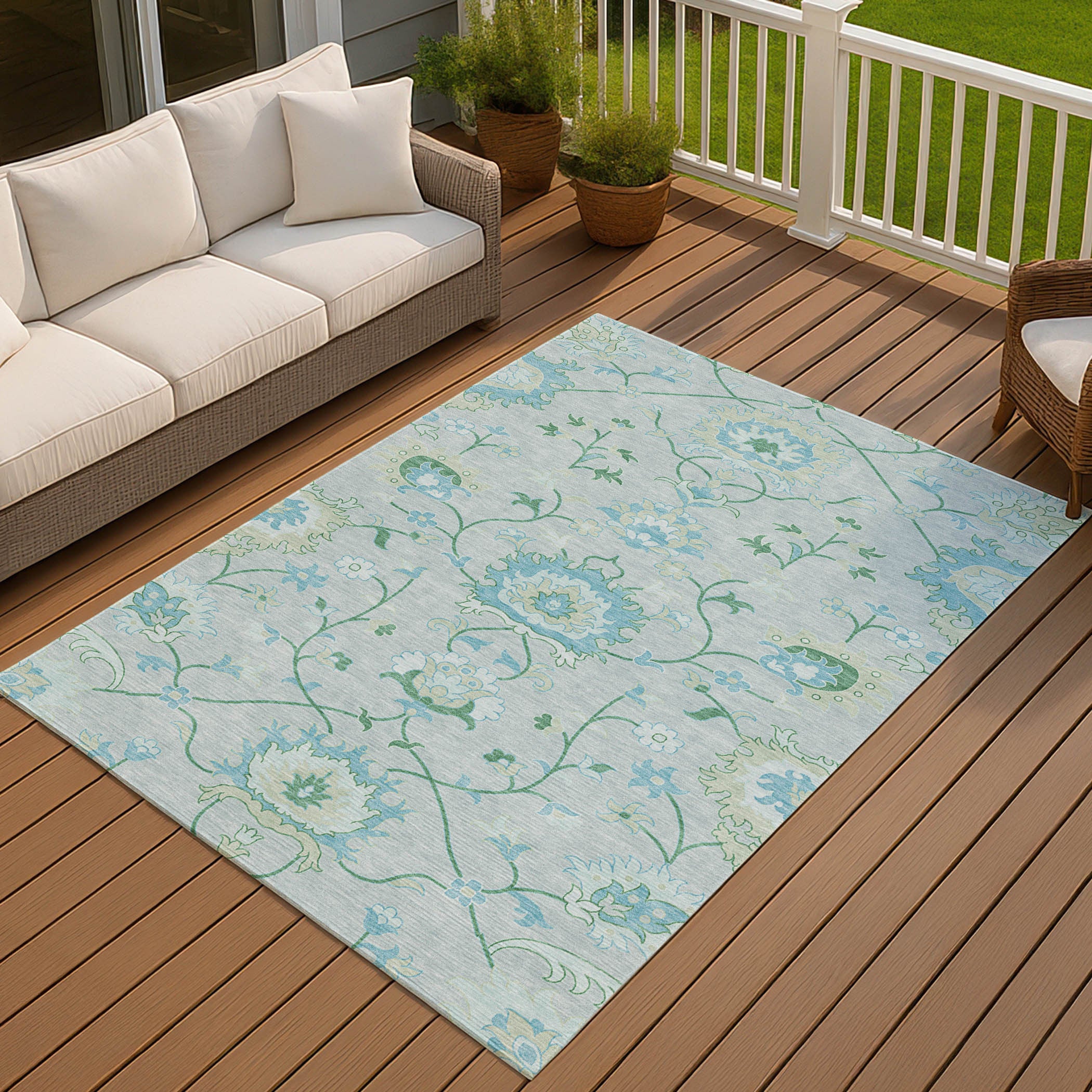 3' X 5' Mint Green Teal Blue And Ivory Floral Washable Indoor Outdoor Area Rug-7