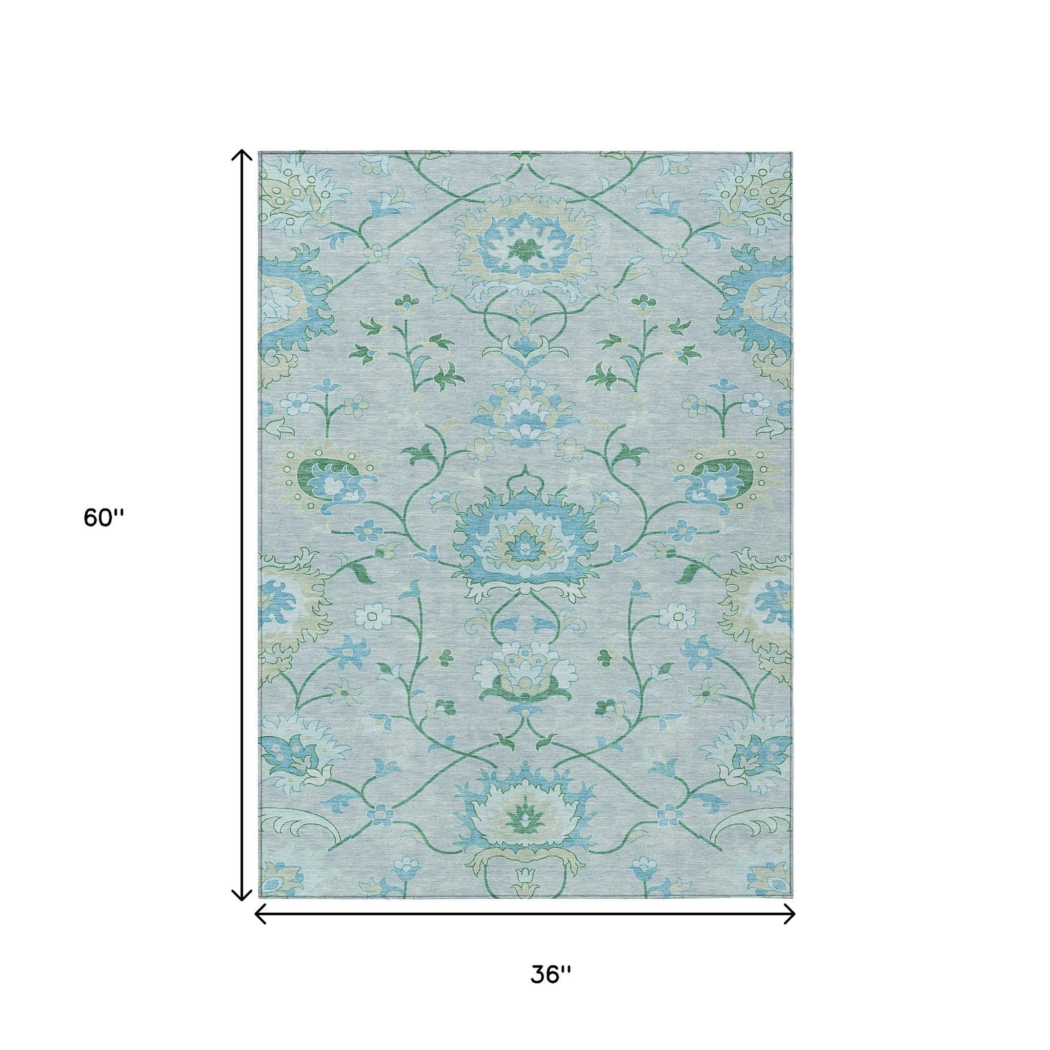 3' X 5' Mint Green Teal Blue And Ivory Floral Washable Indoor Outdoor Area Rug-2
