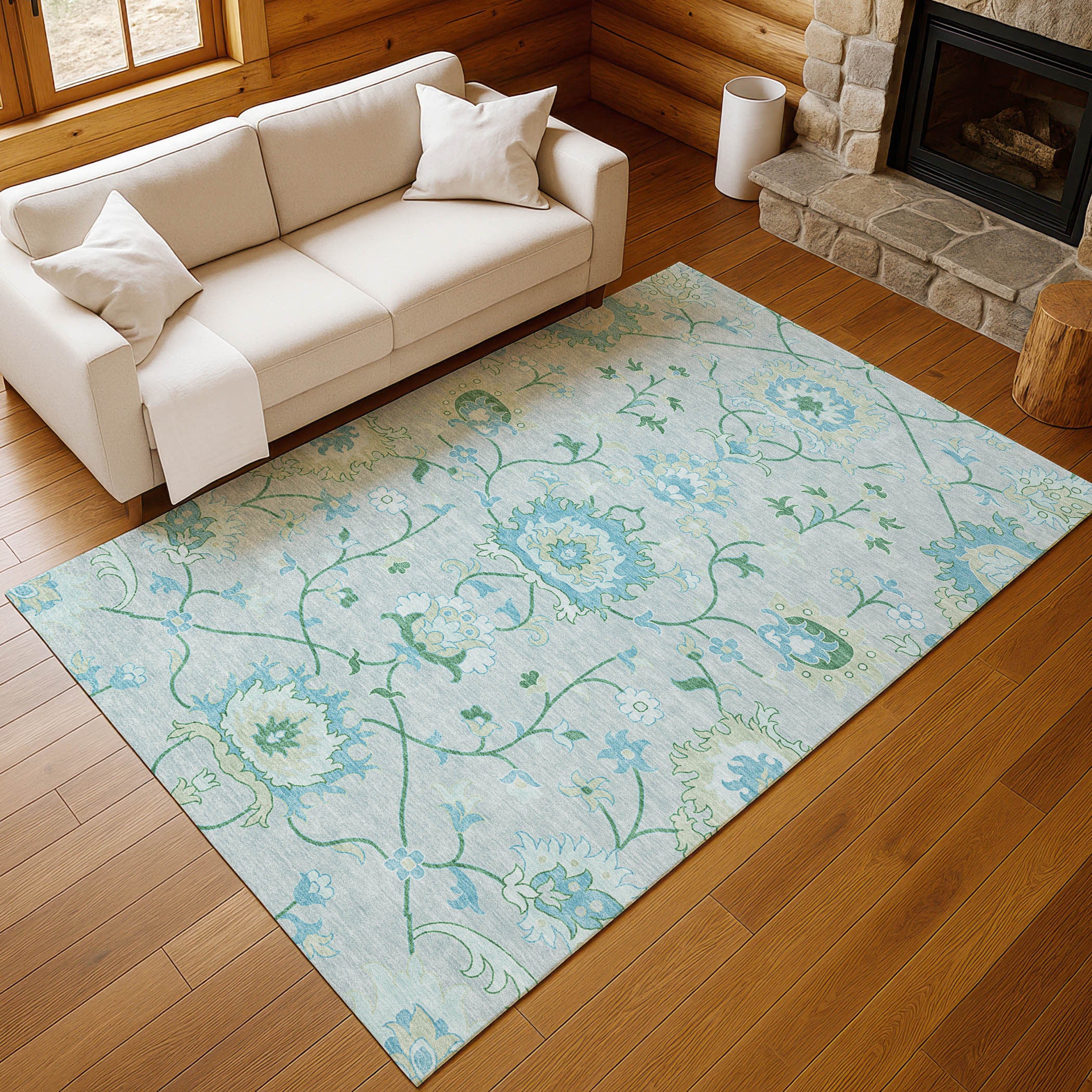 3' X 5' Mint Green Teal Blue And Ivory Floral Washable Indoor Outdoor Area Rug-8