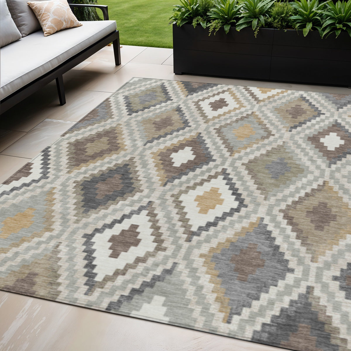 5' X 8' Taupe Gold And Ivory Geometric Washable Indoor Outdoor Area Rug-0