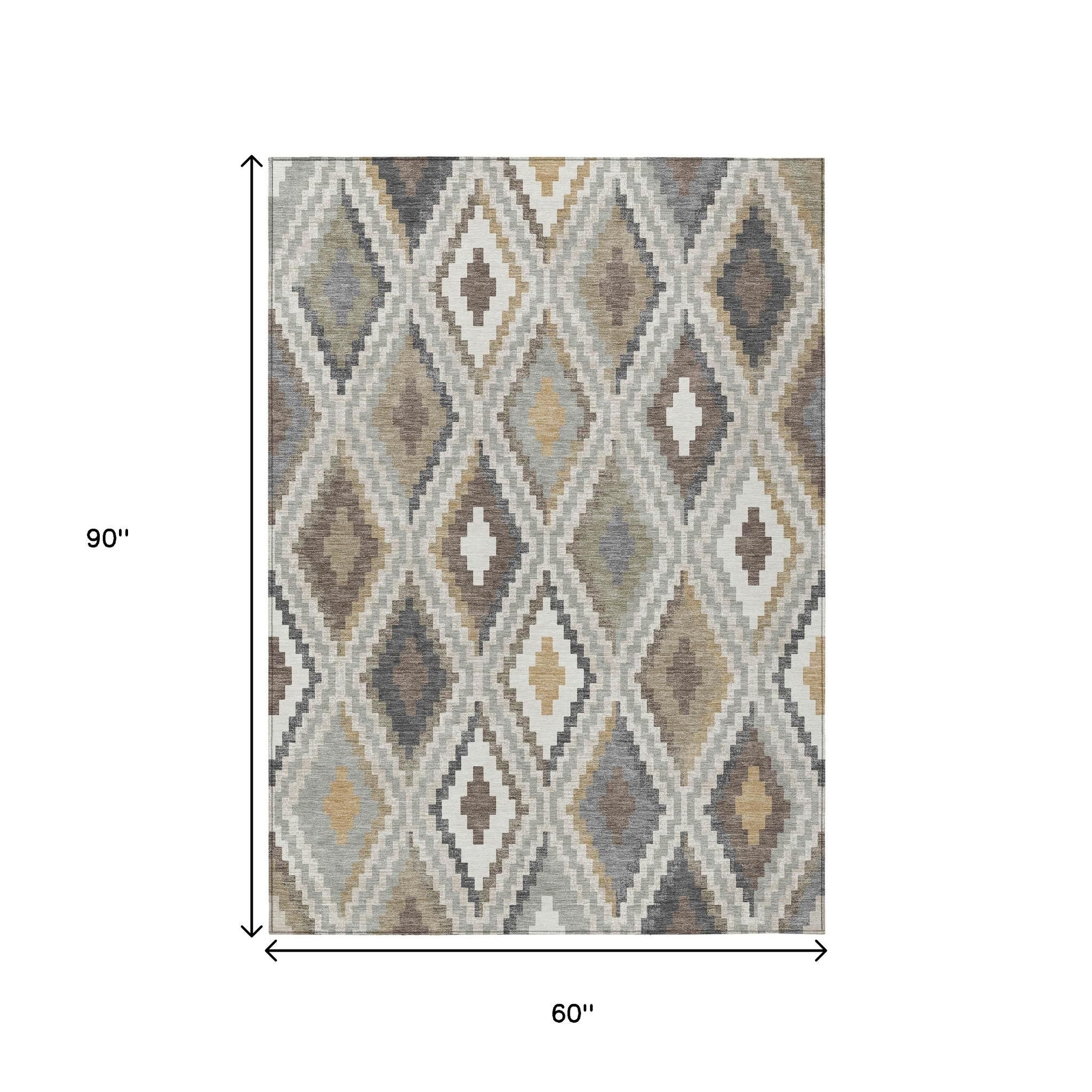 5' X 8' Taupe Gold And Ivory Geometric Washable Indoor Outdoor Area Rug-2