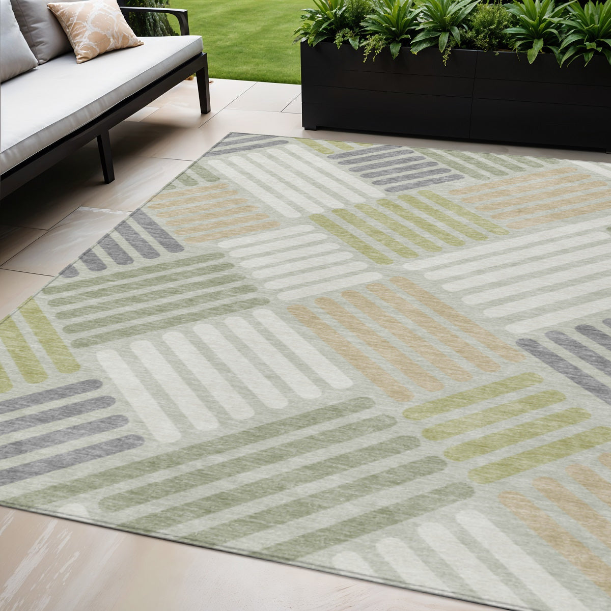 5' X 8' Artichoke Green Ivory And Gray Geometric Washable Indoor Outdoor Area Rug-0