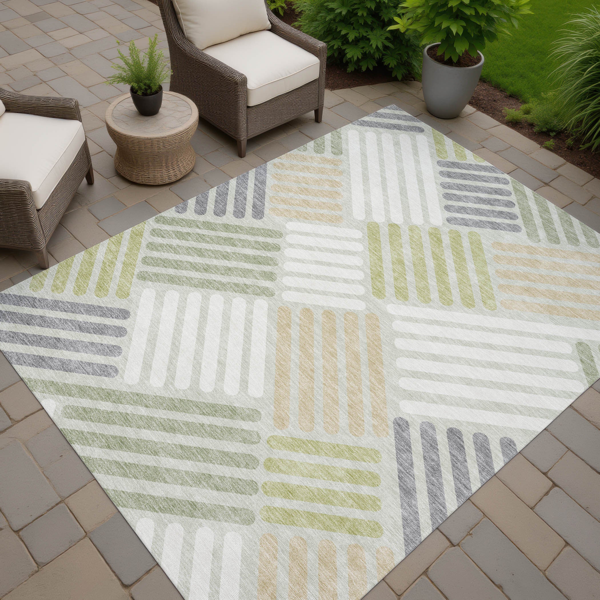 5' X 8' Artichoke Green Ivory And Gray Geometric Washable Indoor Outdoor Area Rug-6