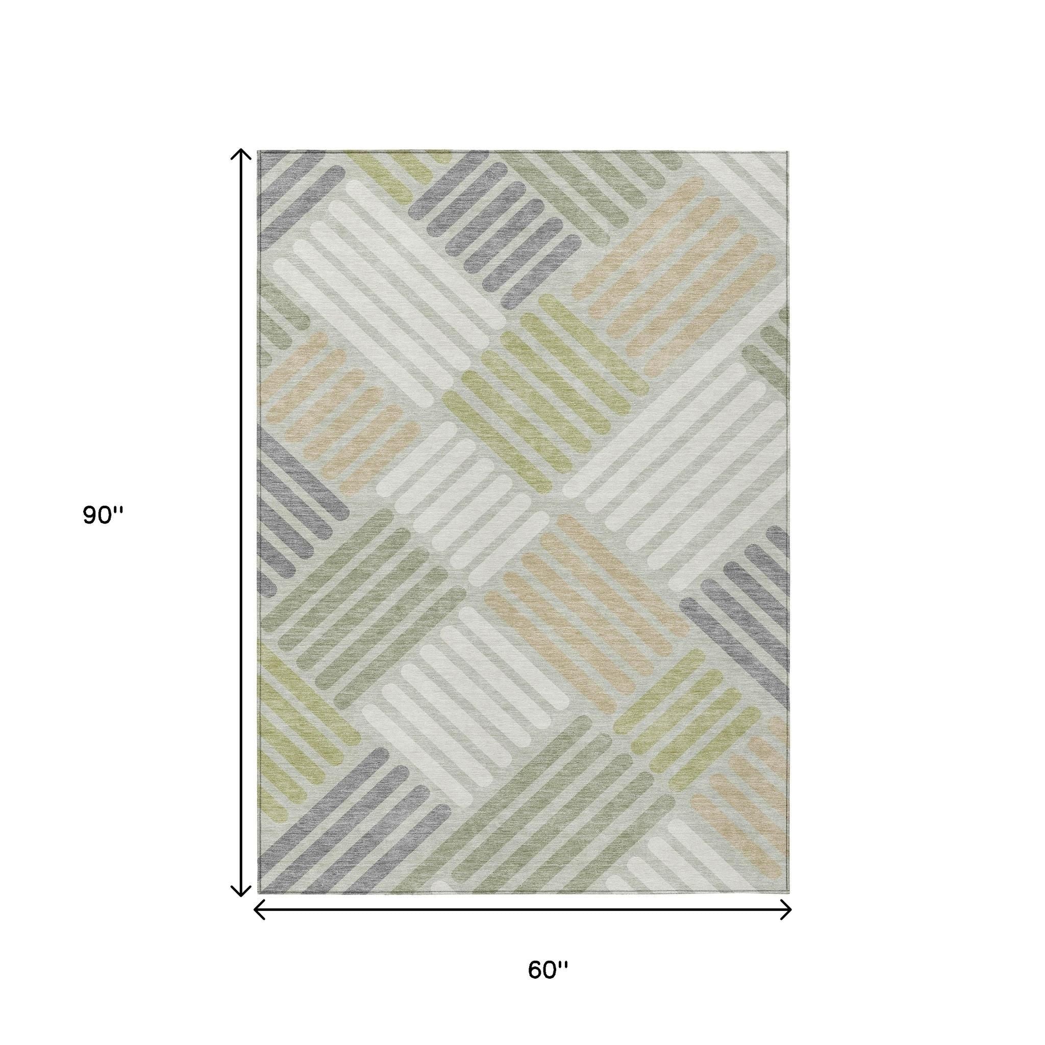 5' X 8' Artichoke Green Ivory And Gray Geometric Washable Indoor Outdoor Area Rug-2