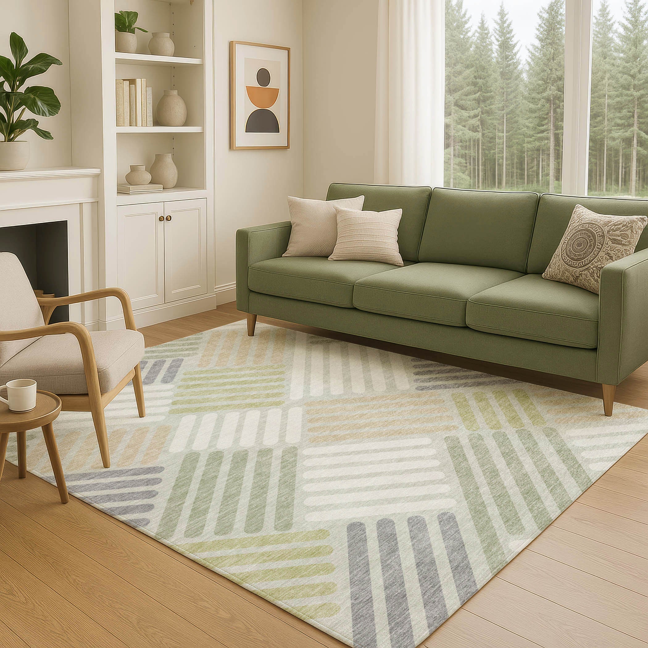 5' X 8' Artichoke Green Ivory And Gray Geometric Washable Indoor Outdoor Area Rug-7