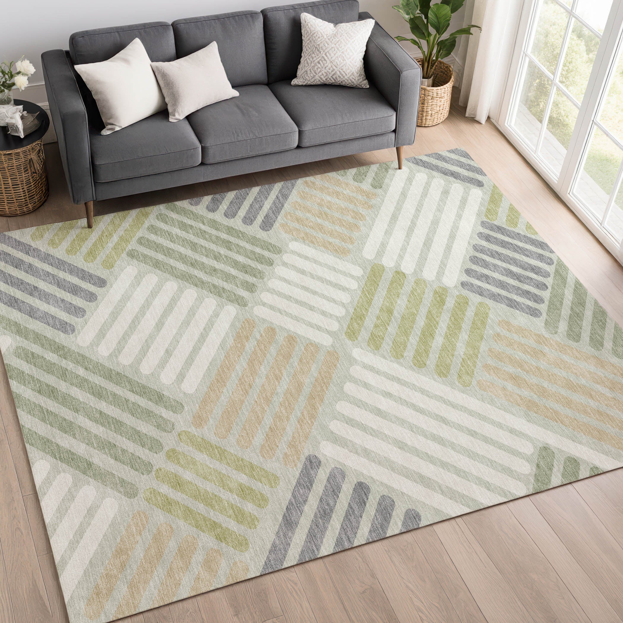 5' X 8' Artichoke Green Ivory And Gray Geometric Washable Indoor Outdoor Area Rug-8