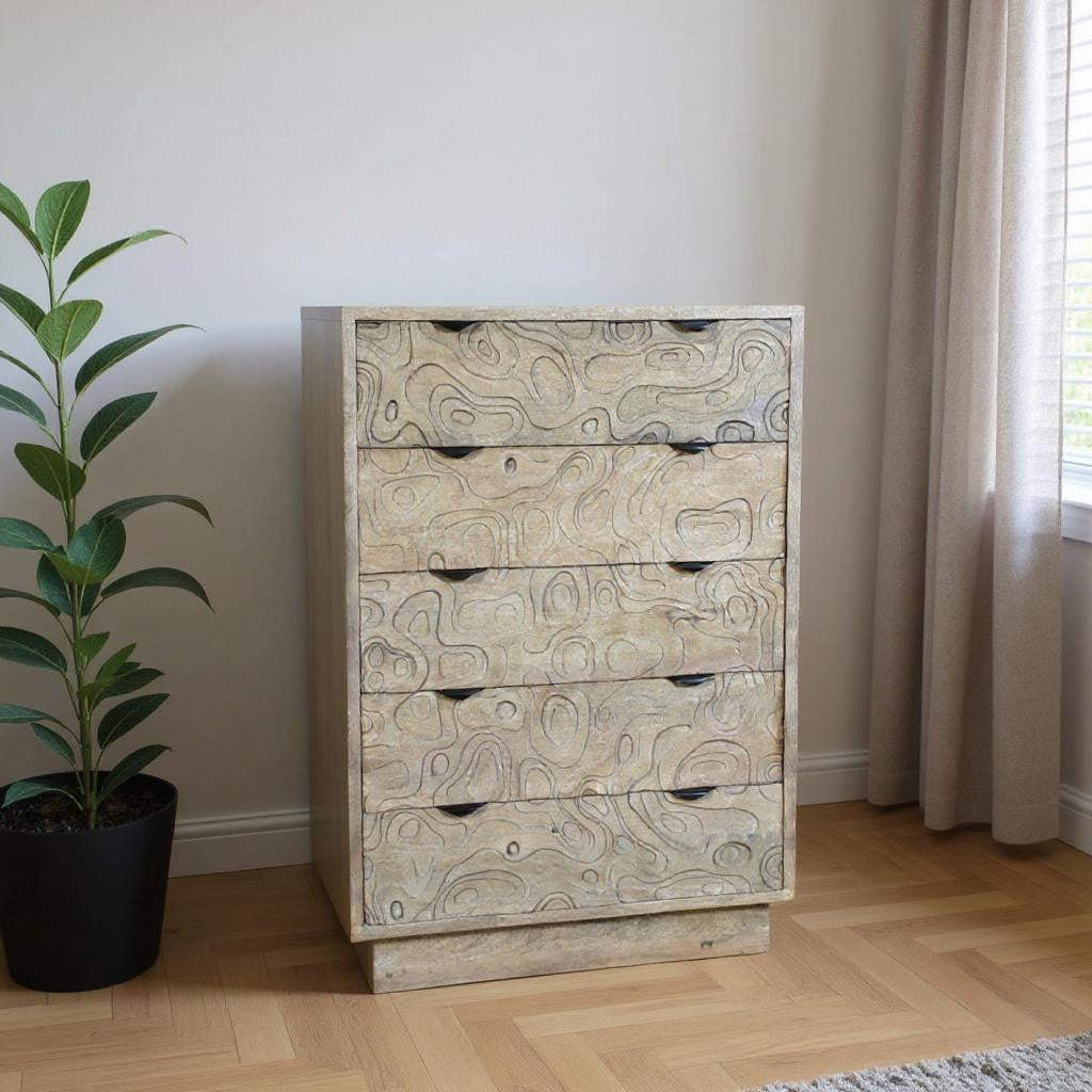 35" Gray Carved Abstract Solid Wood Five Drawer Dresser-0