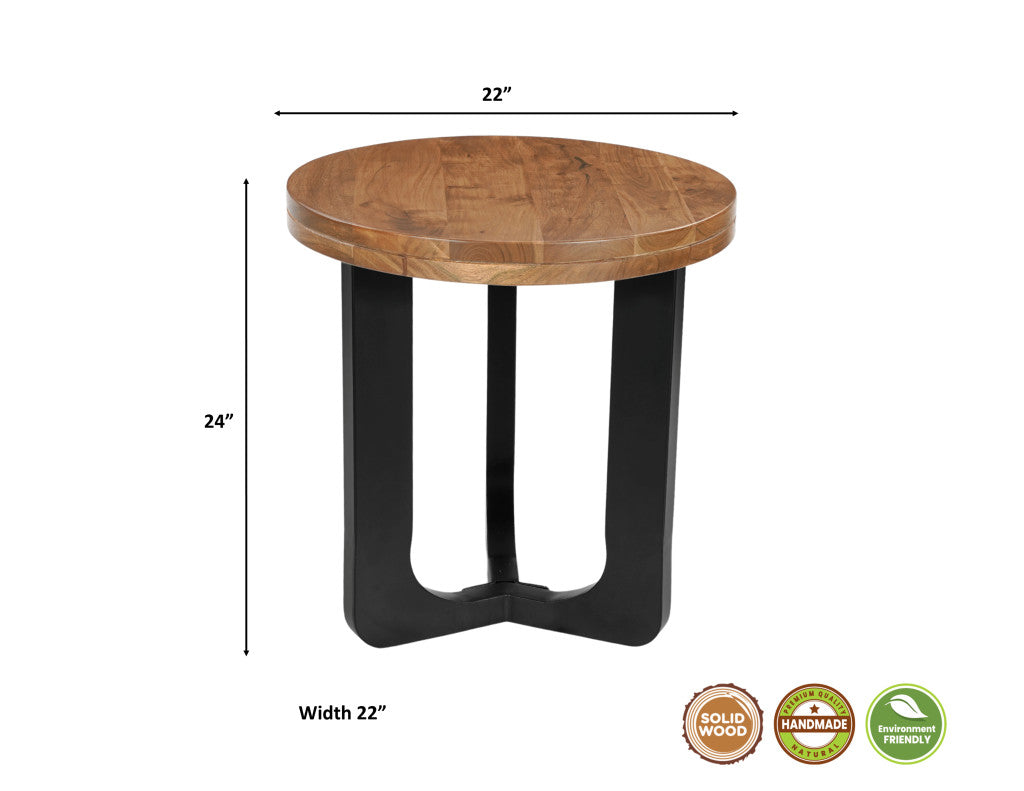 24" Brown and Black Solid Wood And Iron Round Cross Legs End Table-7
