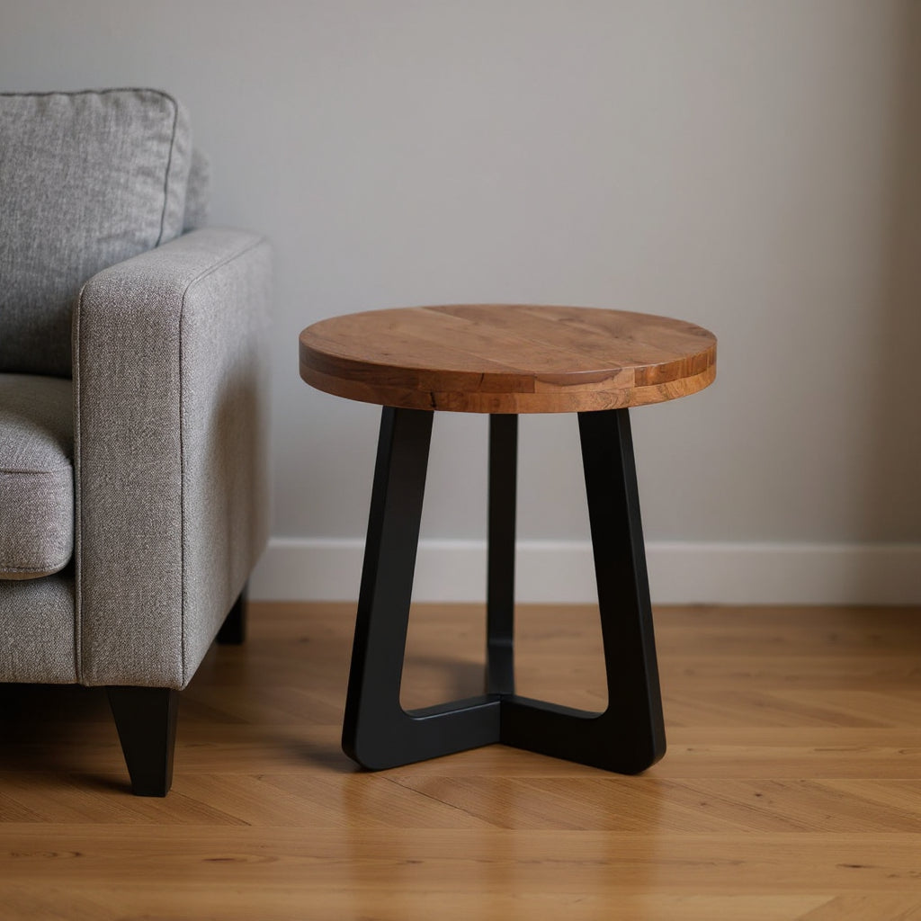 24" Brown and Black Solid Wood And Iron Round Cross Legs End Table-0