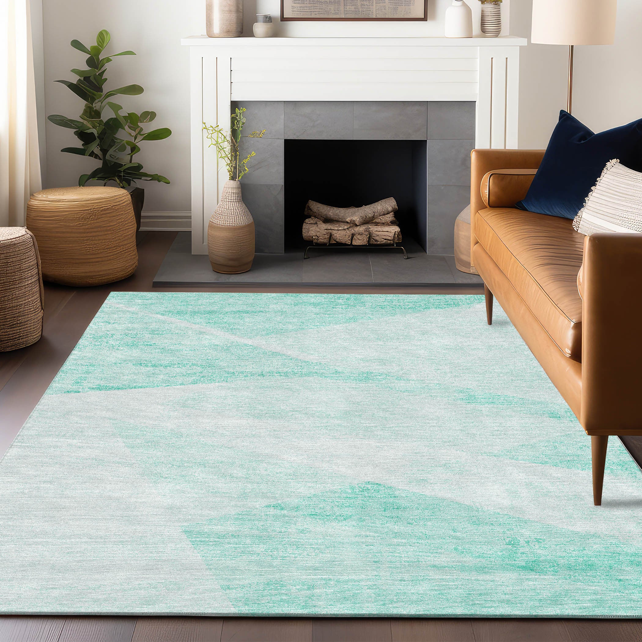 5' X 8' Aqua And Ivory Geometric Washable Area Rug With UV Protection-4