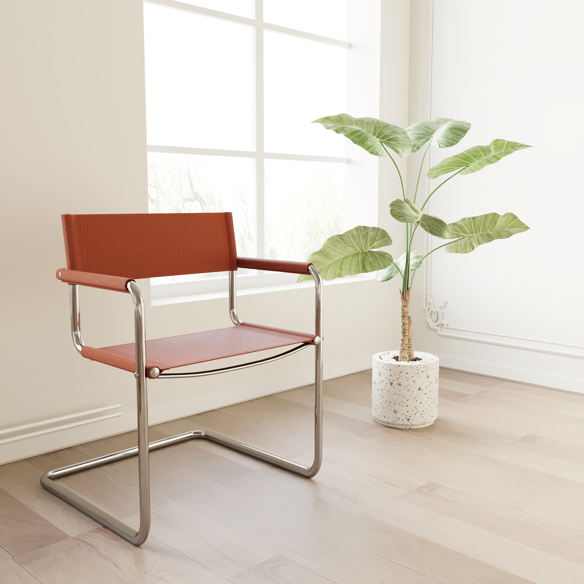 23" Silver And Terra Cotta Leather and Stainless Steel Arm Chair-5