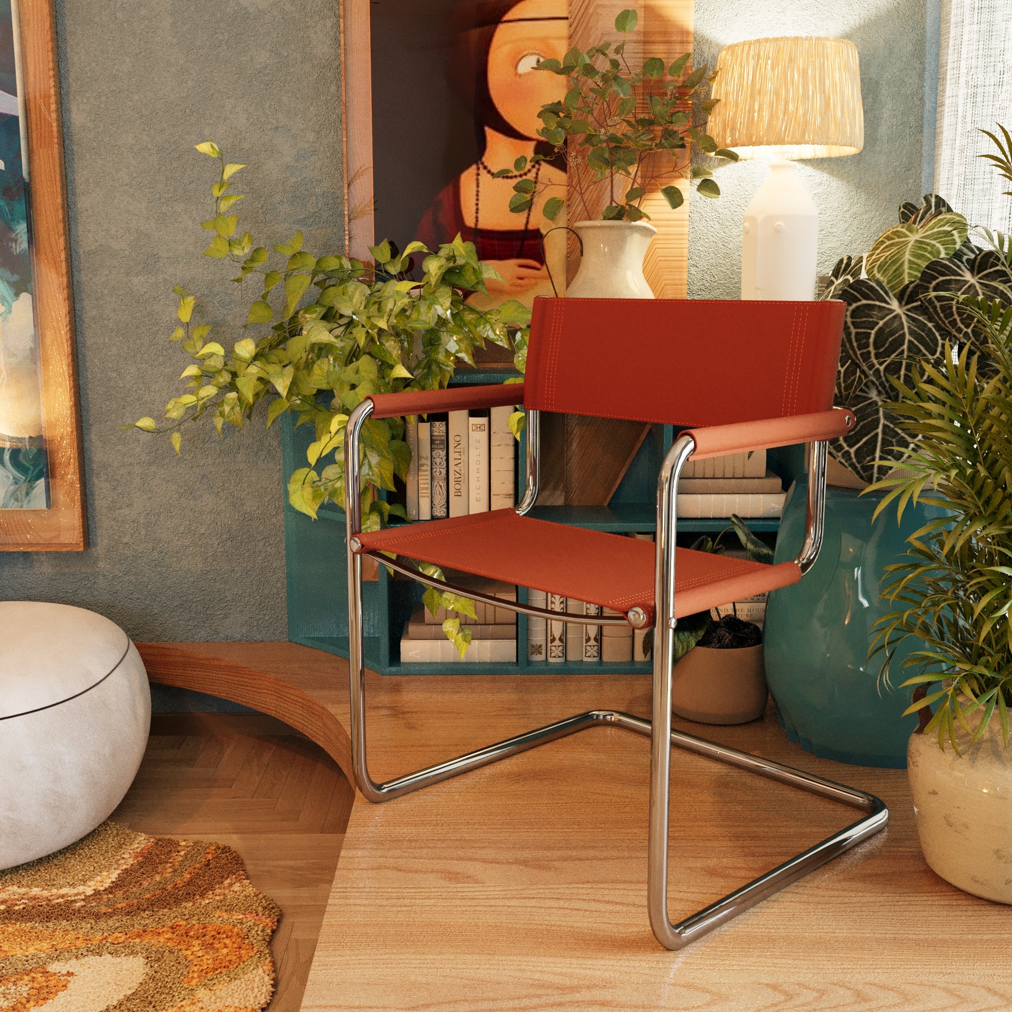 23" Silver And Terra Cotta Leather and Stainless Steel Arm Chair-6