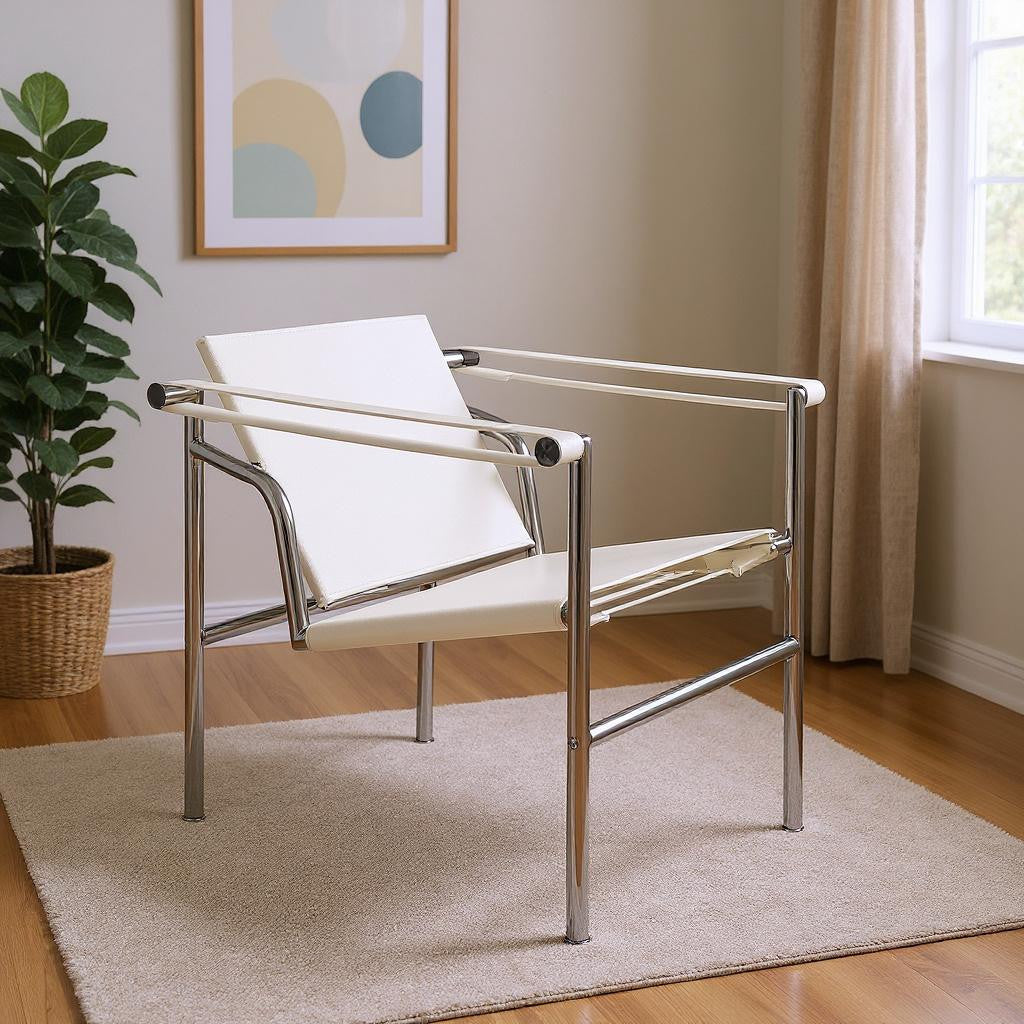 24" White and Silver Faux Leather and Stainless Adjustable Back Arm Chair-1