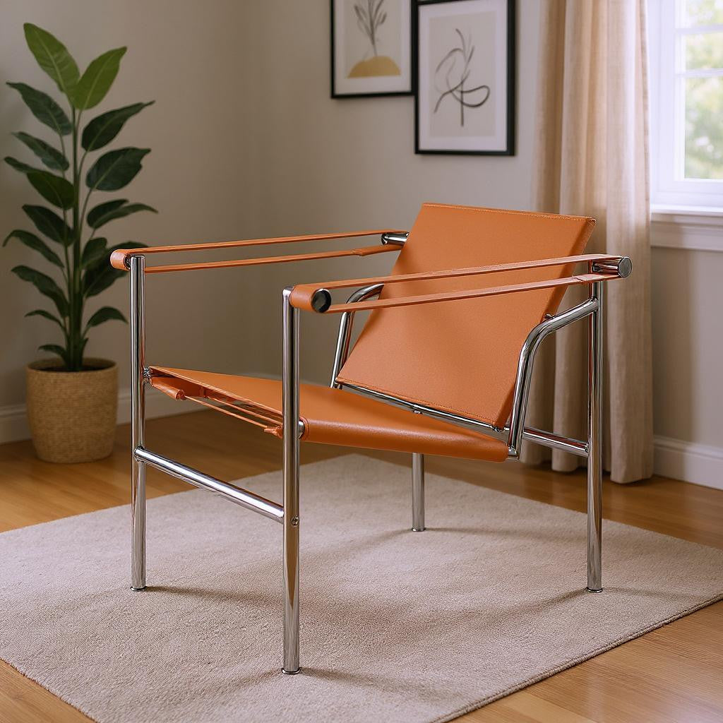 24" Terra Cotta and Silver Faux Leather and Stainless Adjustable Back Arm Chair-1