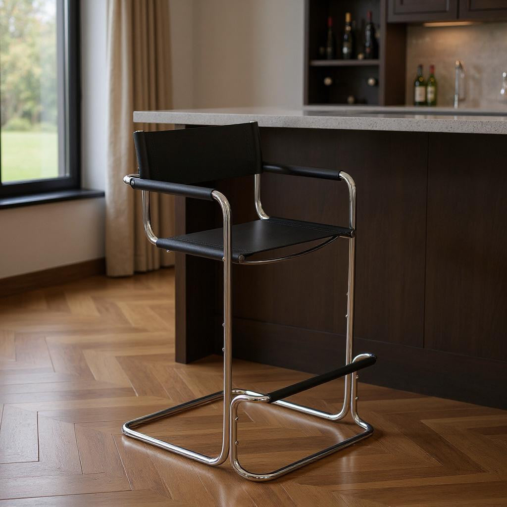 30" Black and Silver Leather and Steel Bar Height Bar Chair-0