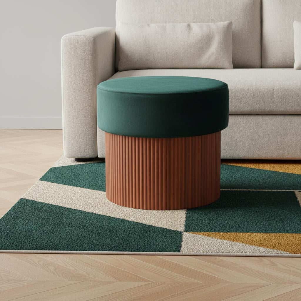 20" Green and Brown Fabric Round Ottoman-0