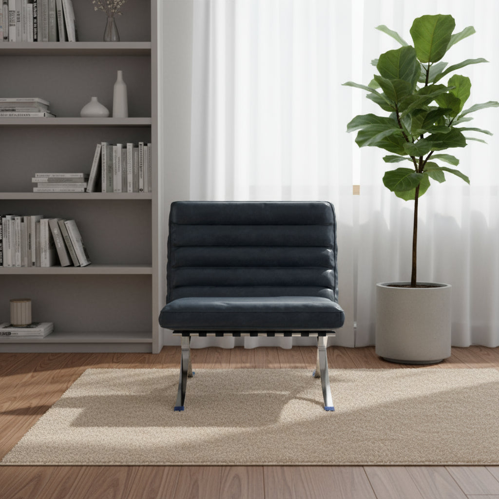 29" Blue and Silver Tufted Leather and Upholstered Folding Lounge Chair-2