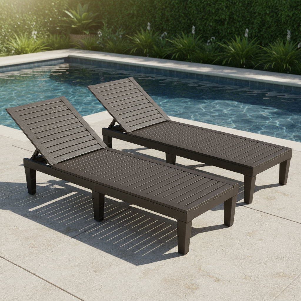 Set of Two Black Heavy Duty Resin Outdoor Chaise Lounges-0