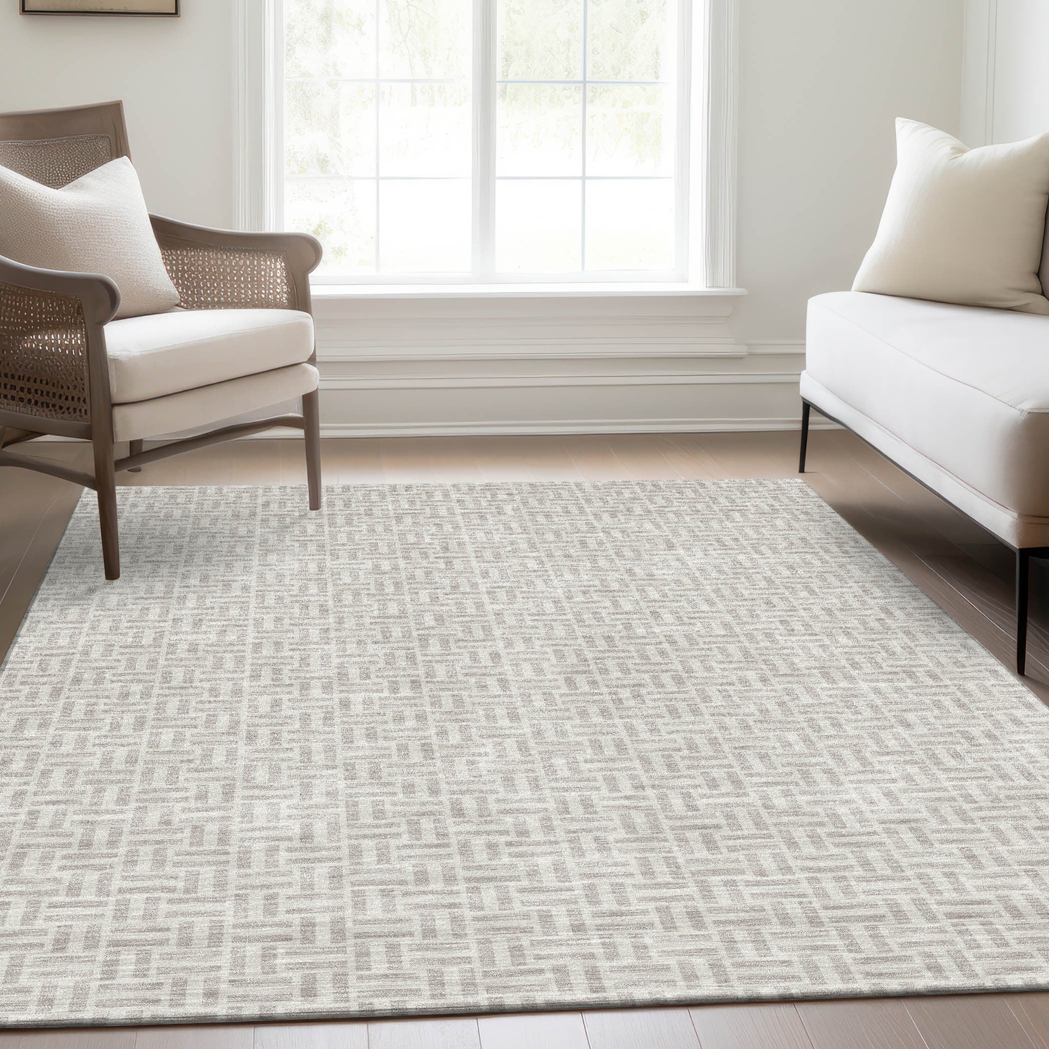 5' X 8' Taupe And Ivory Geometric Washable Area Rug With UV Protection-4