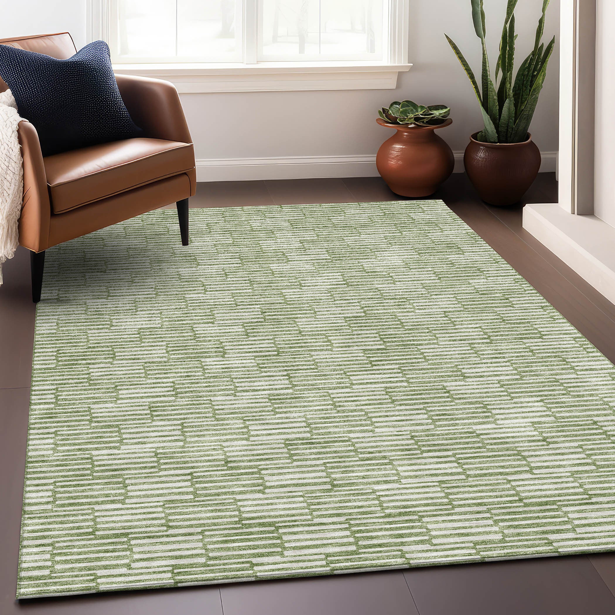 5' X 8' Green And Ivory Abstract Geometric Washable Area Rug With UV Protection-3