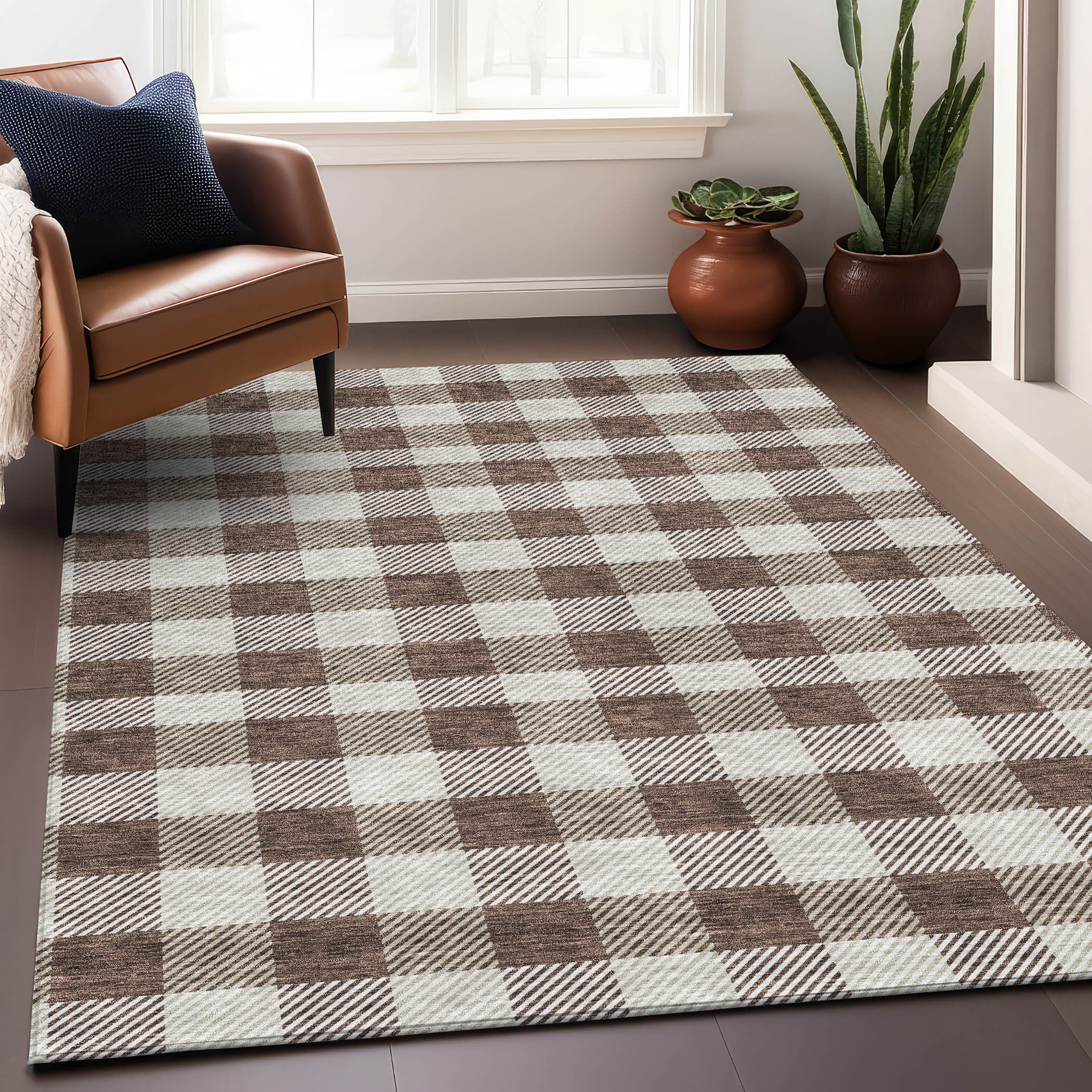 5' X 8' Brown And Beige Plaid Washable Area Rug With UV Protection-3