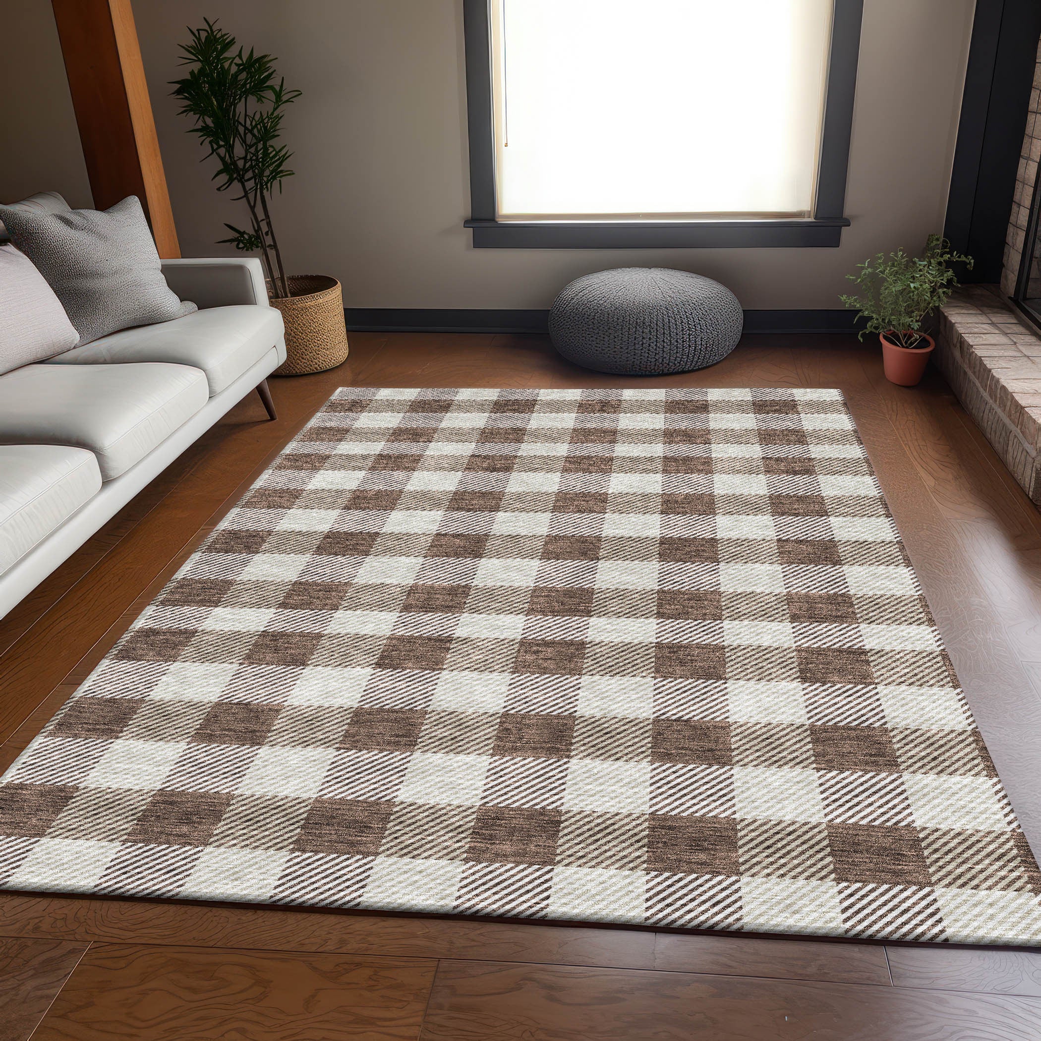 5' X 8' Brown And Beige Plaid Washable Area Rug With UV Protection-4