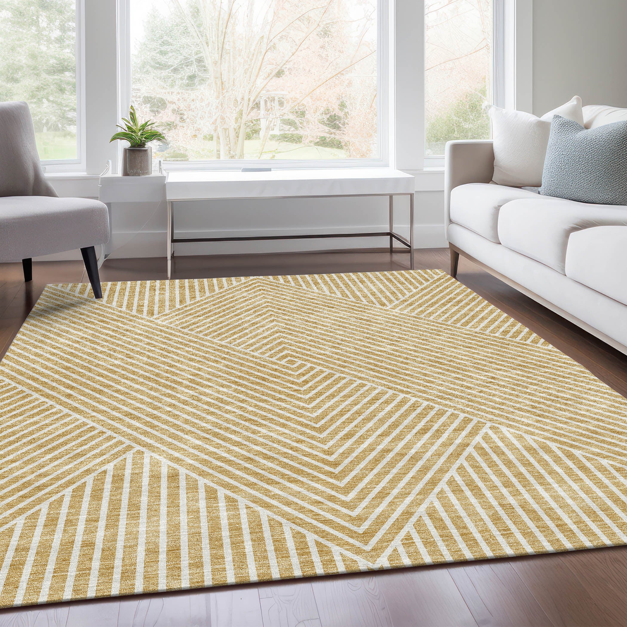 3' X 5' Gold And Ivory Geometric Washable Area Rug With UV Protection-4