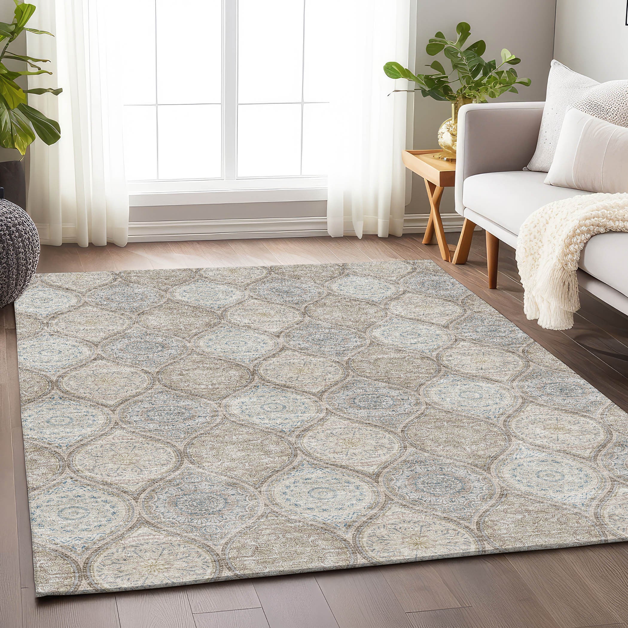 5' X 8' Taupe Beige And Ivory Ogee Washable Area Rug With UV Protection-3