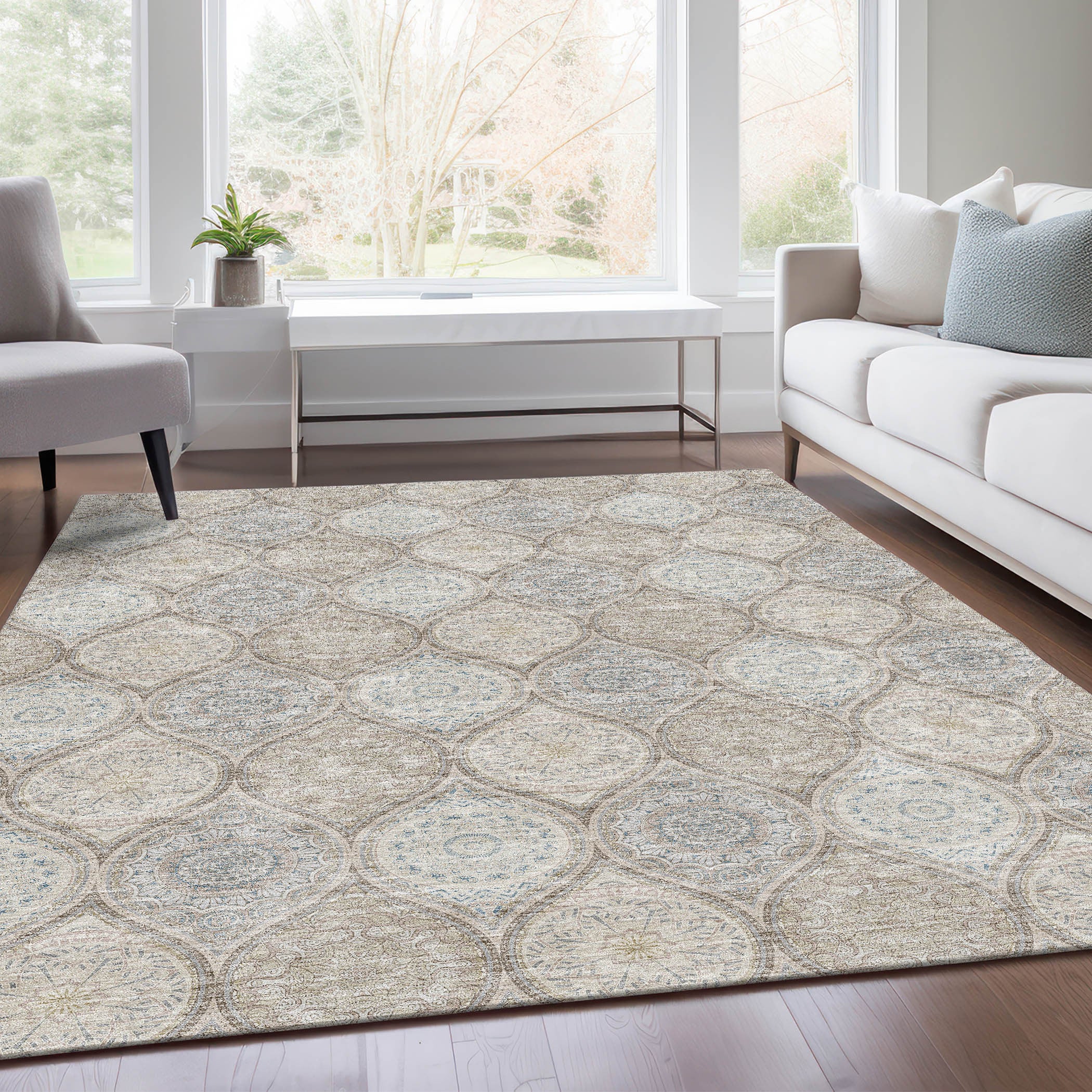 5' X 8' Taupe Beige And Ivory Ogee Washable Area Rug With UV Protection-4
