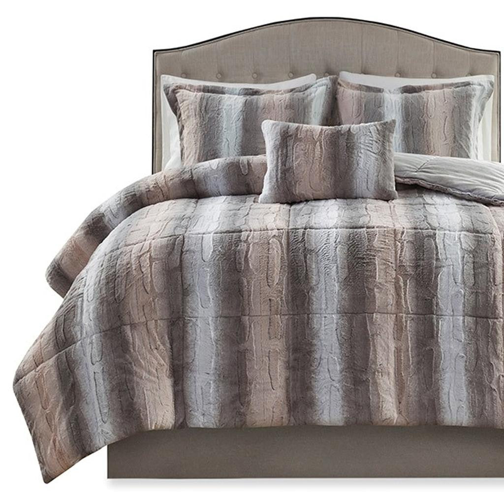 Set of Four Gray And Pink Striped King Ring Stitch Polyester Sham And Comforter-5