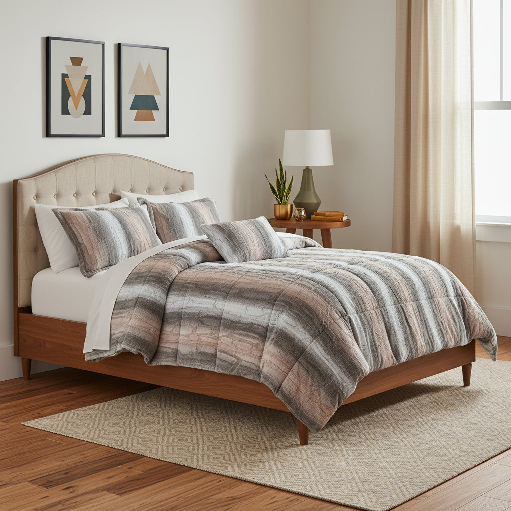 Set of Four Gray And Pink Striped King Ring Stitch Polyester Sham And Comforter-0