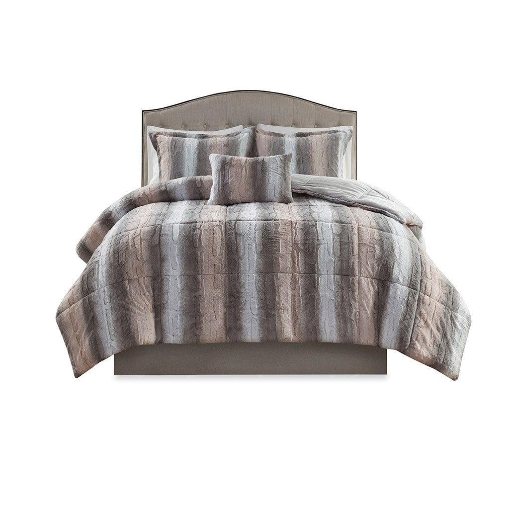 Set of Four Gray And Pink Striped King Ring Stitch Polyester Sham And Comforter-1