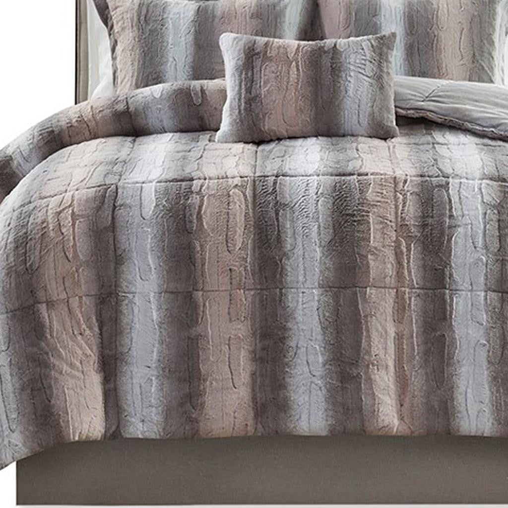 Set of Four Gray And Pink Striped King Ring Stitch Polyester Sham And Comforter-4