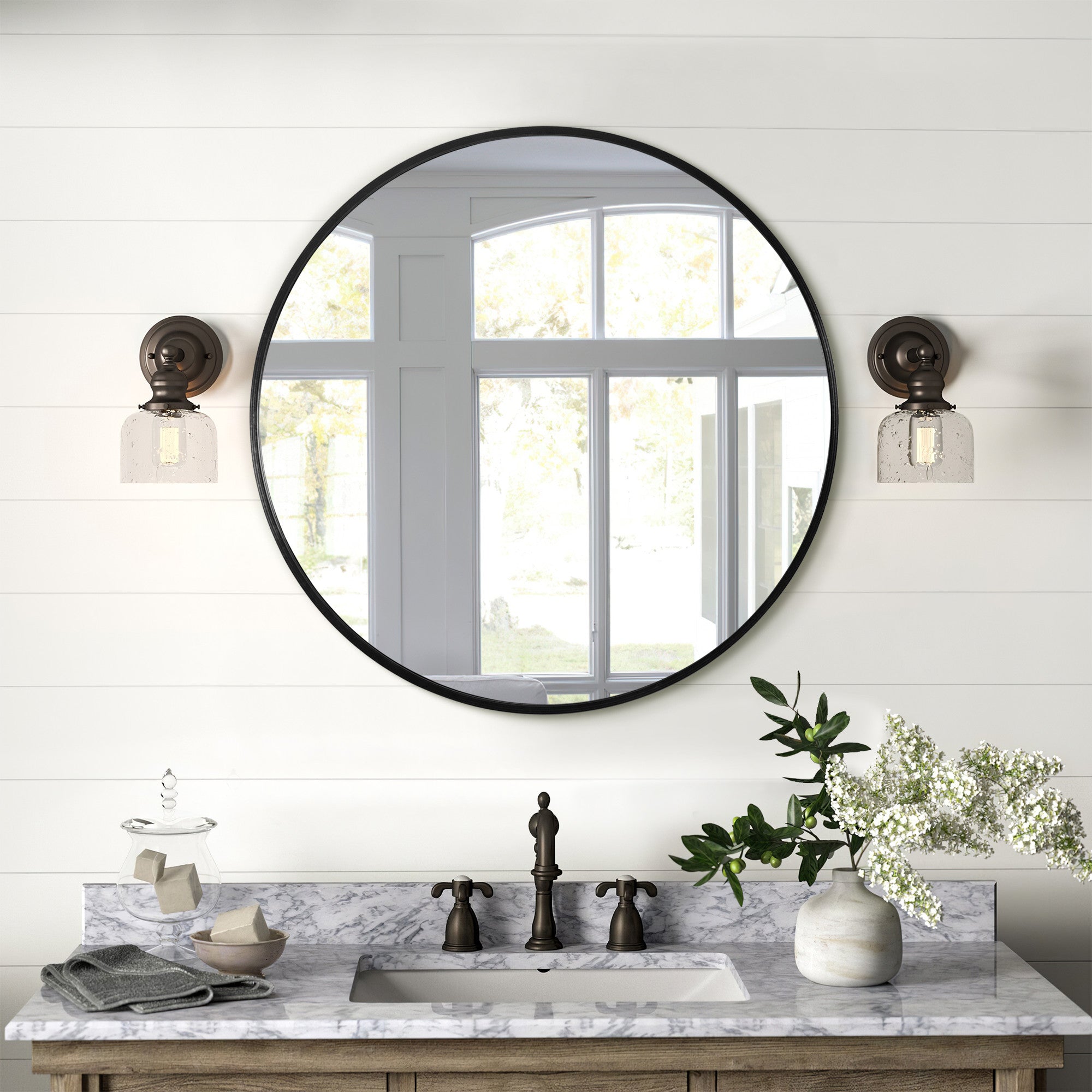 27" Black Round Framed Accent Mirror-0