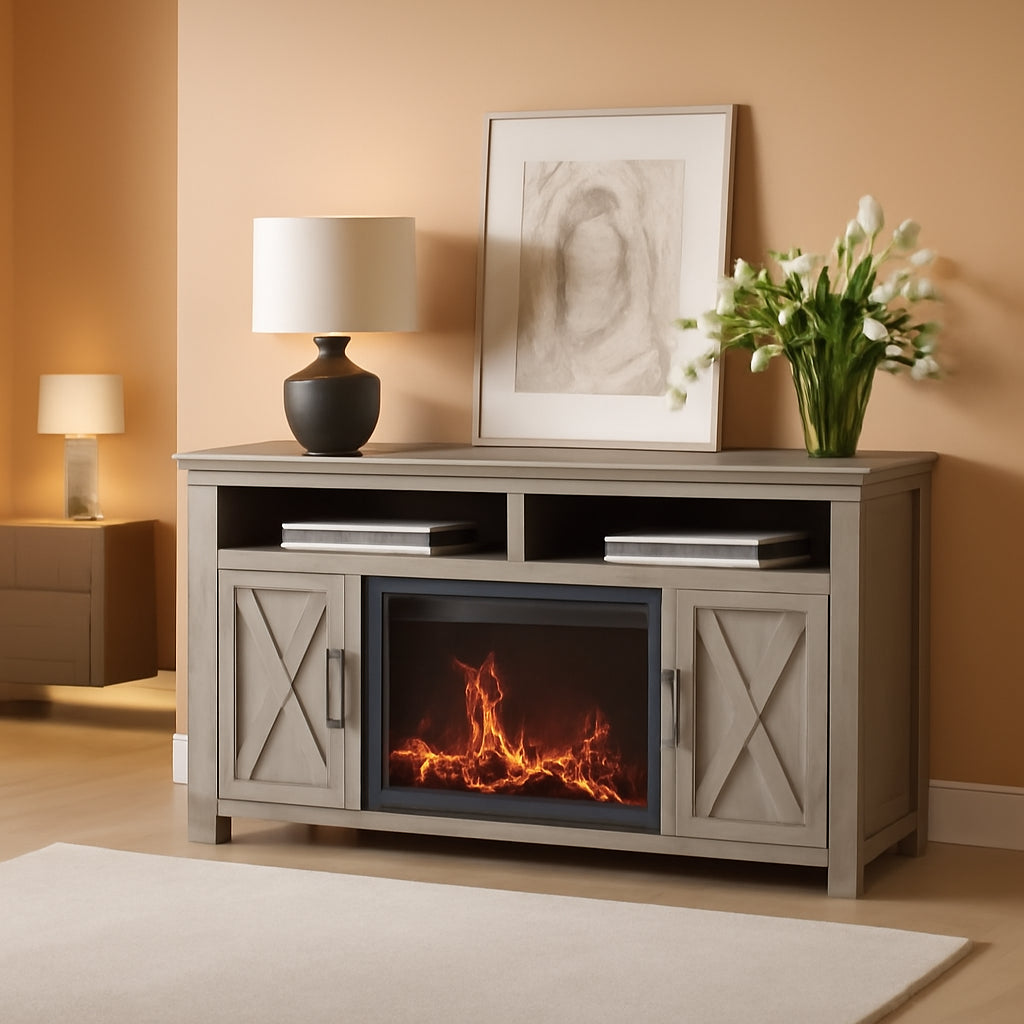 Barn Door Electric Fireplace TV Stand For 65 Inch TVs Gray-0