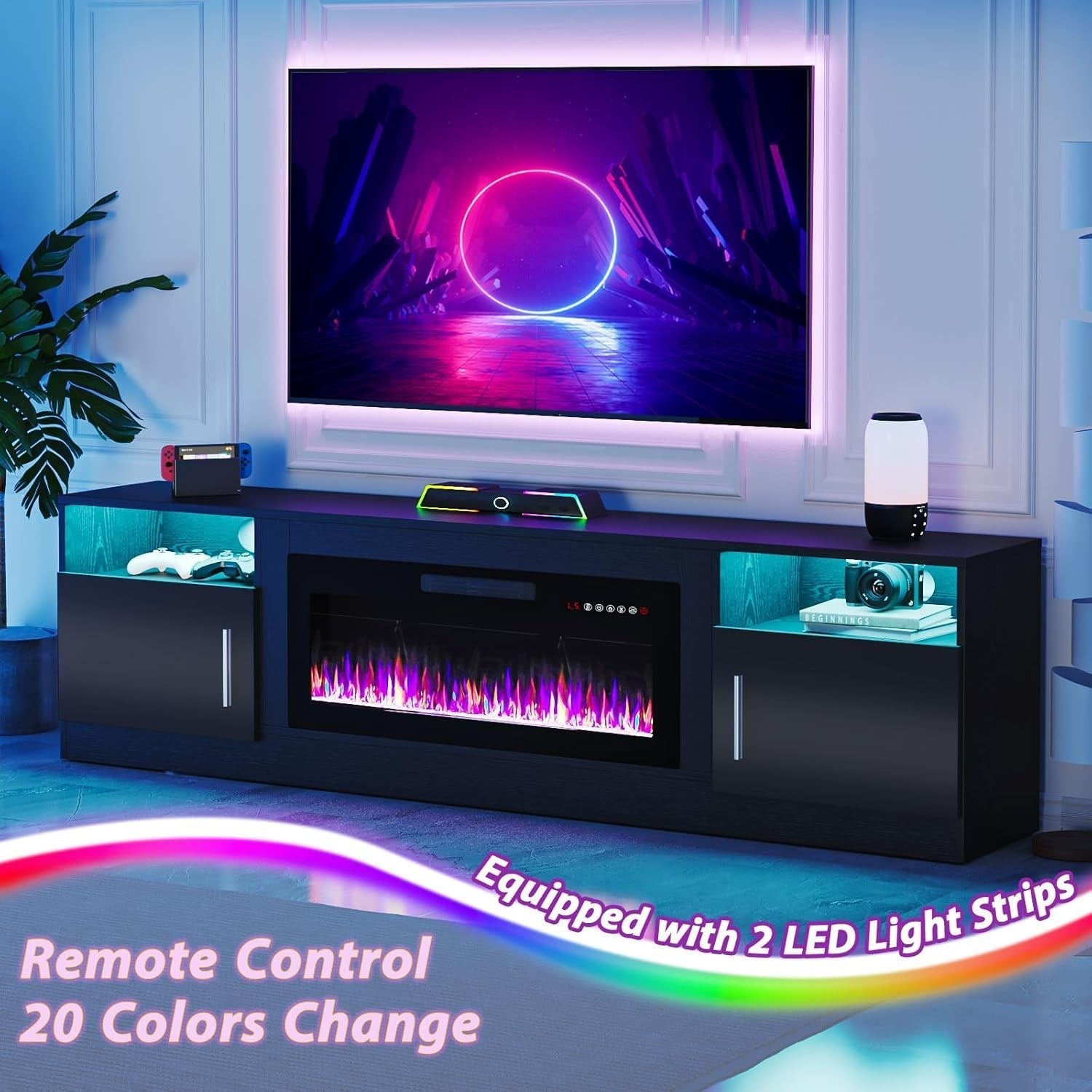 80 Inch TV Stand Electric Fireplace With LED Lighting Black-2