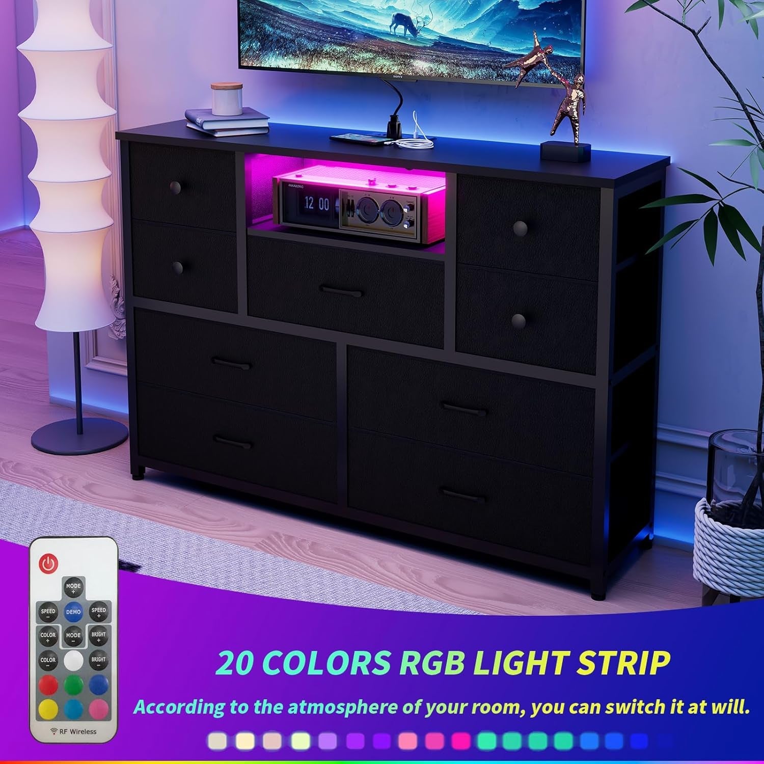 Charcoal Nine Drawer Wardrobe TV Stand With LED Lighting-4