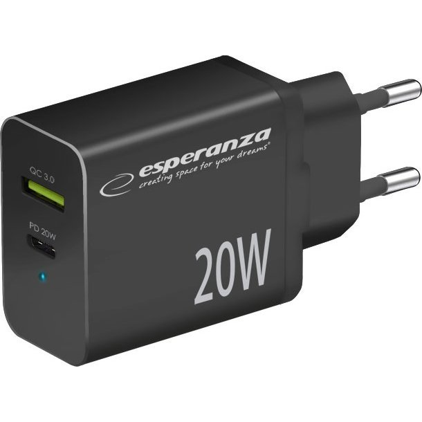 Мрежово зарядно ESPERANZA EZC105K, 20W, USB-C PD 20W / USB-A QC 3.0, черно ( )-0