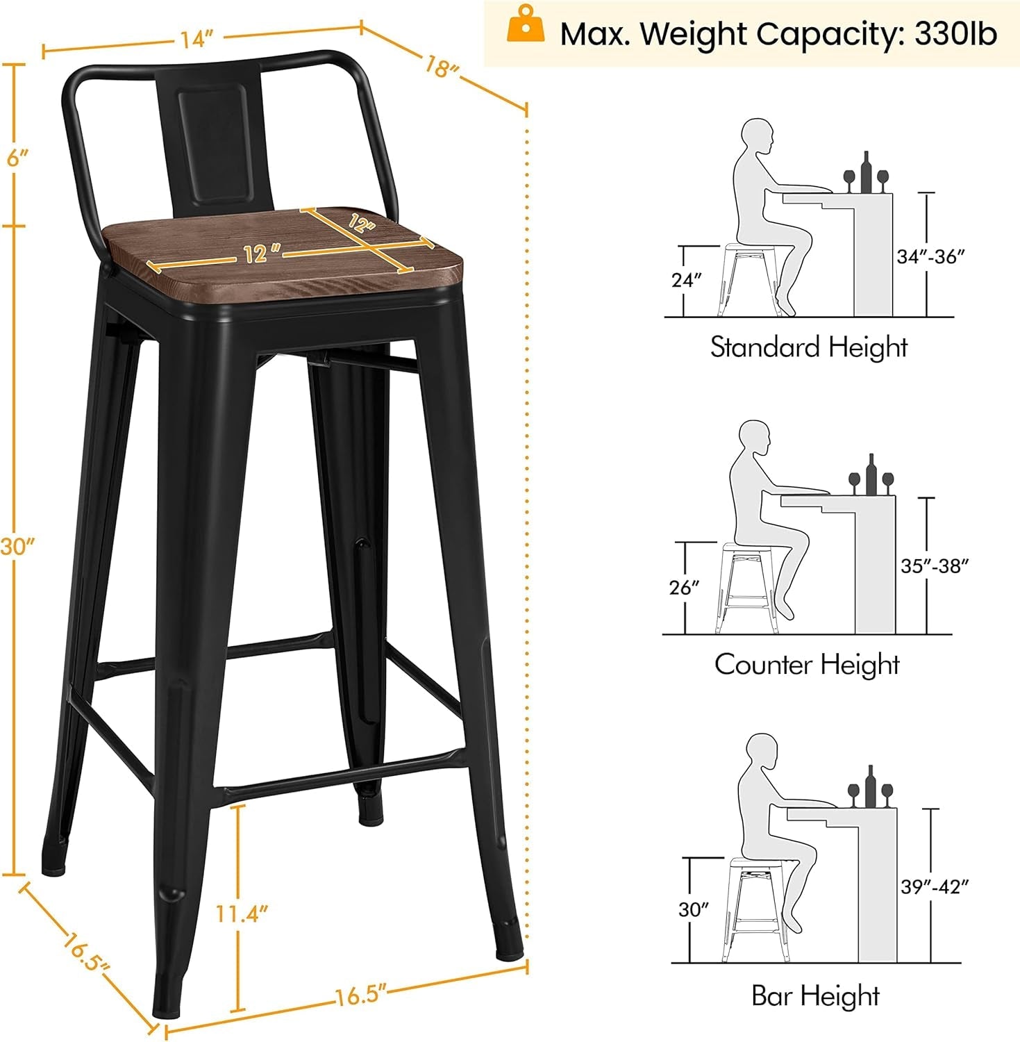 30" Metal Barstools Set of 4 Bar Height Bar Stools with Wooden Top Low Back Industrial Bar Stools Metal Stool for Indoor-Outdoor Counter Stools with Wooden Seat Matte Black-2