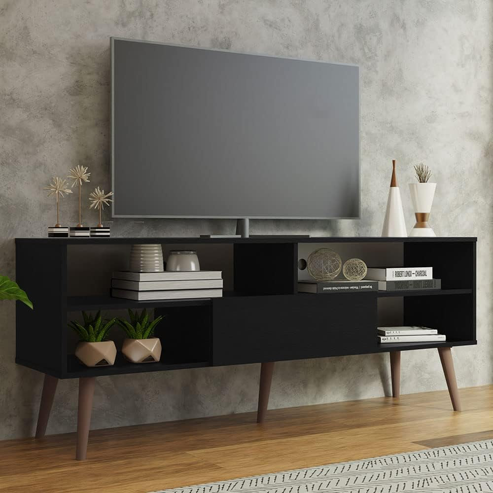 Black TV Stand With 1 Door 4 Shelves For 55 To 65 Inch TV-1